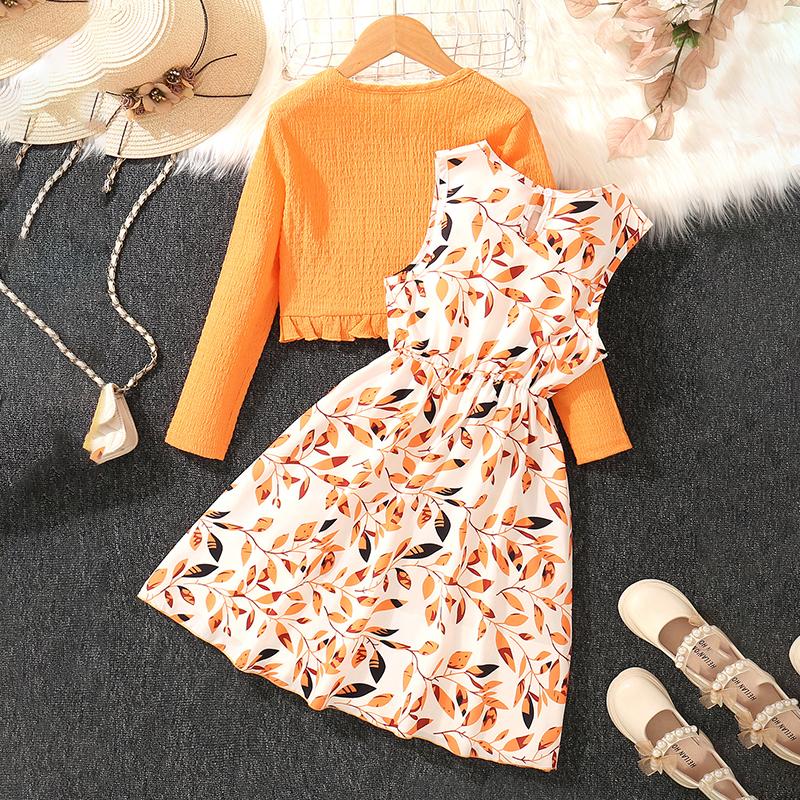 Girls Long-Sleeved Jacket with Printed Bow Dress Two-Piece Sets Kids Colthes