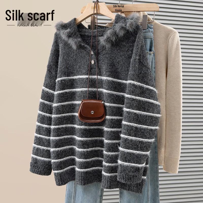 

Women s Striped Wool Blend Hooded Pullover Sweater One Size