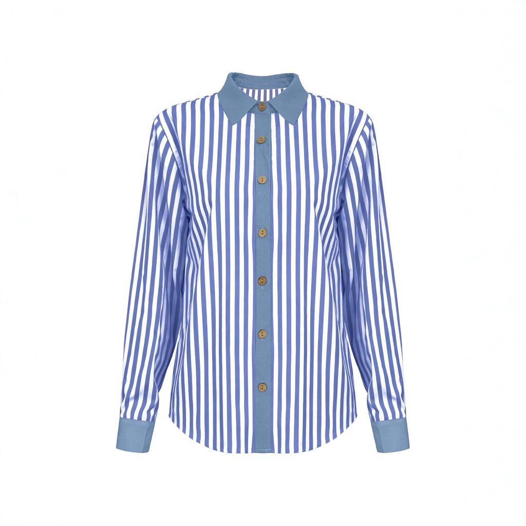 eBay Amazon Large Size Cross-border Spring and Summer Striped Printed Women's Shirt Simple Wind Contrast Lapel Long Sleeve Top