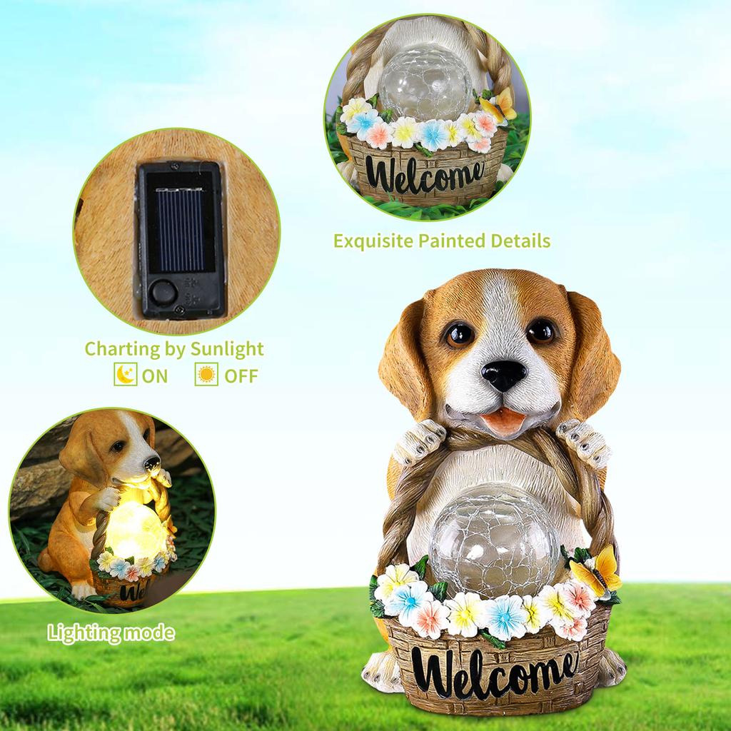 Solar Puppy Statue Light Dog Figurine LED Light Waterproof Cute Yard Ornaments Creative for Outside Yard Garden
