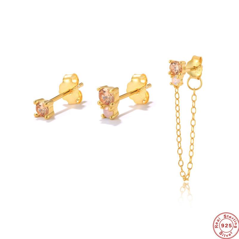 S925 Sterling Silver Stylish And Simple 3-Piece Set Asymmetric Chain Fringed Zircon Stud Earrings Earrings