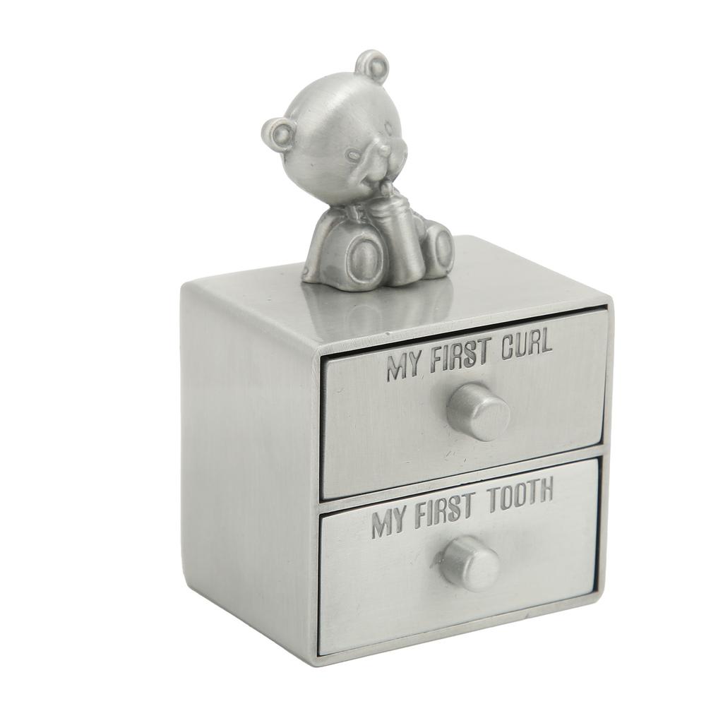 Tooth Box Metal Cute BearShape Storage Case with 2 Drawers for Children Growth Memorial Gift Jewelry Collection(Green Patina )