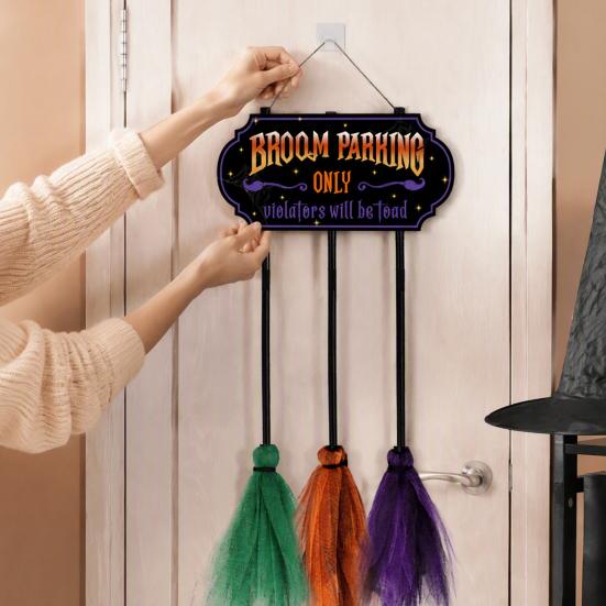 Hanging Broomstick Holiday Ornaments Halloween Broom Parking Sign with 3 Witch Brooms, Hocus Pocus Themed Wooden Sign, Yard And Porch