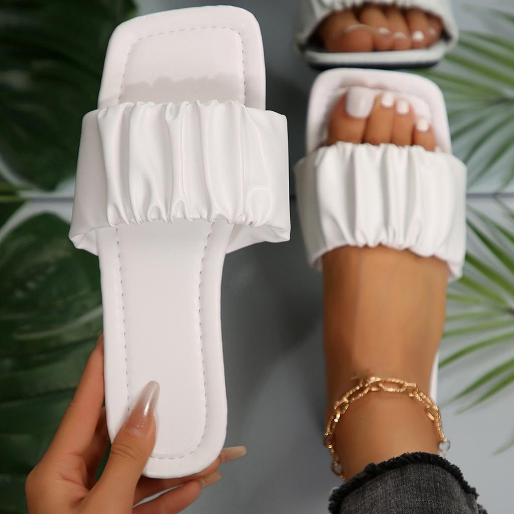 Fashion Pleated Summer Slippers for Women 2025 New Square Toe Flat Sandals Woman Casual Solid Color Anti Slip Beach Flip Flops