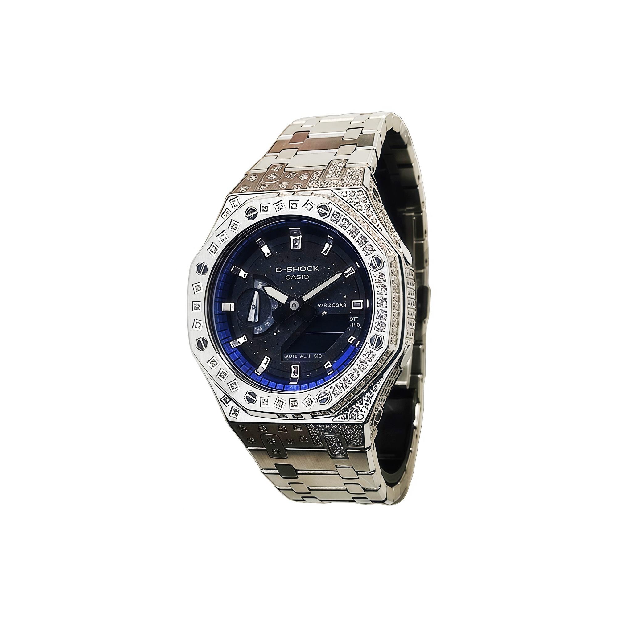 

CASIO Men Liquid Crystal,Analog Dual Display Series 44mm Blue Watch GA-2100-1A1(Watch3--) Silver Strap Single Watch