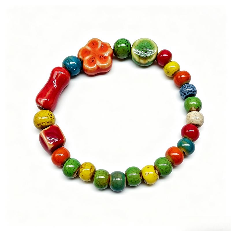 Handmade Boho Ceramic Beaded Bracelet Bright Colorful Elastic Wristband Fun Jewelry for Summer Vacation Trips