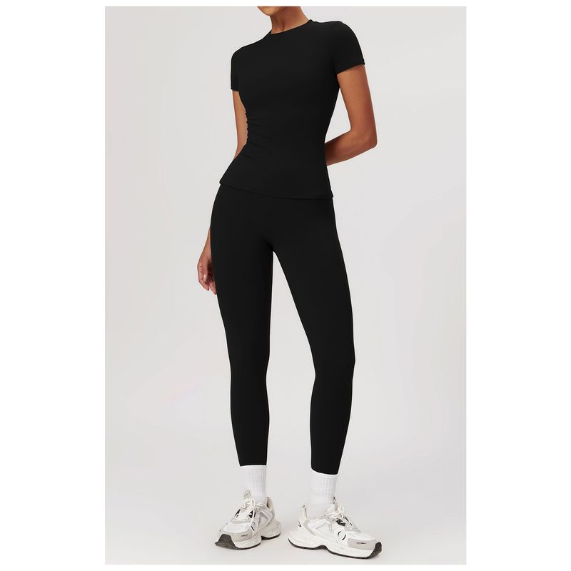 

Fashion Stretch Skinny Yoga Clothes Suit Slim Looking Beauty Back Exercise Suit Fitness Pants Short Skirt Vest Quick-Drying T-shirt Short Sleeves + Trousers Premium Black L