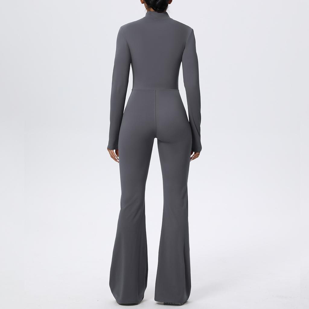 Zipper nude long-sleeved yoga flared pants onesie women's running fitness clothes sports trend onesie tights