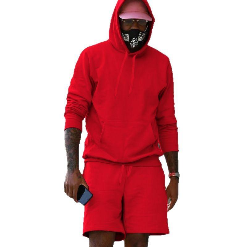 Men's Fleece Hoodie Shorts Two-piece Loose Solid Color Casual Sports Men's Suit