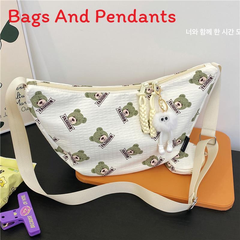 Cute Bear Print Cotton Shoulder Bag For Daily Use With Zipper Closure And Mobile Pocket