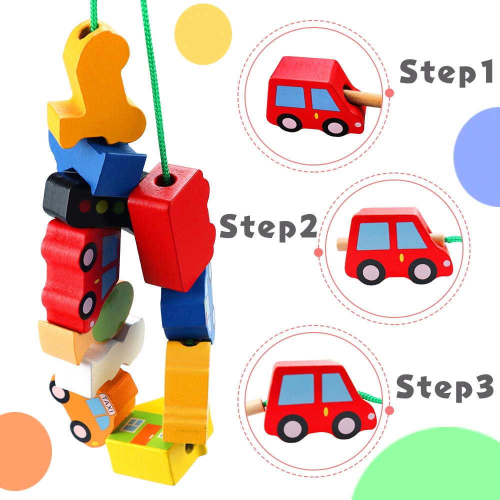 CORPER TOYS Wooden Stringing Toy Set, Vehicle Transportation Classic Series, Finger Training, Bead Play, Boys and Girls, Colorful Christmas Toy, Ages