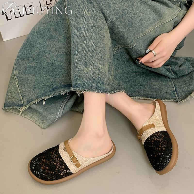 New Summer Women Flats Mules Shoes Hollow Slippers Bohemian Sandals 2025 Designer Slingback Woman Sneakers Casual Mujer