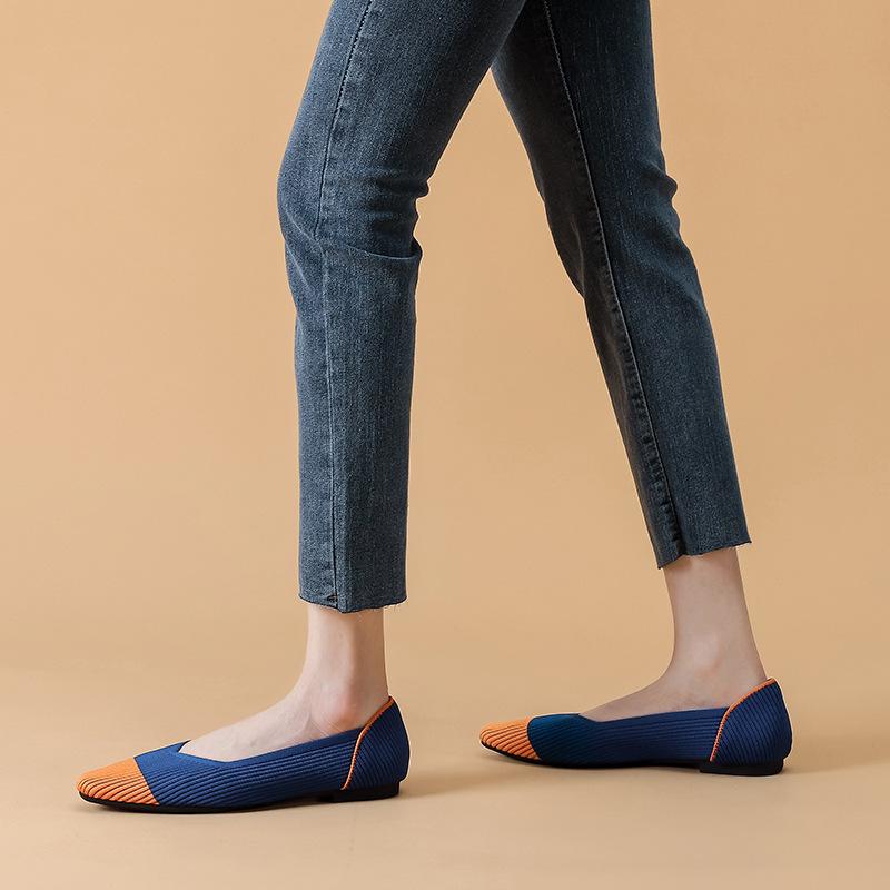 Shoes fly-woven square head single shoes large size women's shoes knitted woven breathable egg roll flat bottom soft sole