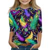 Print Tops For Youth Girls Round Neck 3/4 Sleeves T-Shirts Trendy Tops Outfit Tees