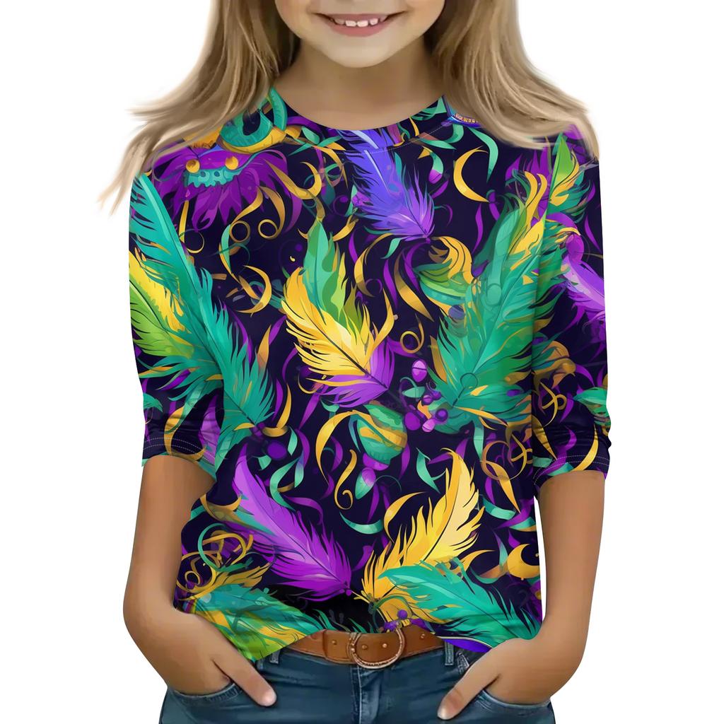 Print Tops For Youth Girls Round Neck 3/4 Sleeves T-Shirts Trendy Tops Outfit Tees