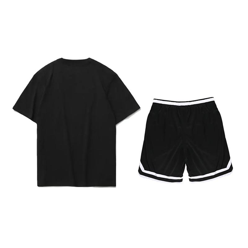 Li Ning Logo Print Letter Round Neck Short Sleeve Striped Comfortable Mid Waist Shorts Casual Sports Suit Unisex Suit Black AHST791-1+YAPV001-1