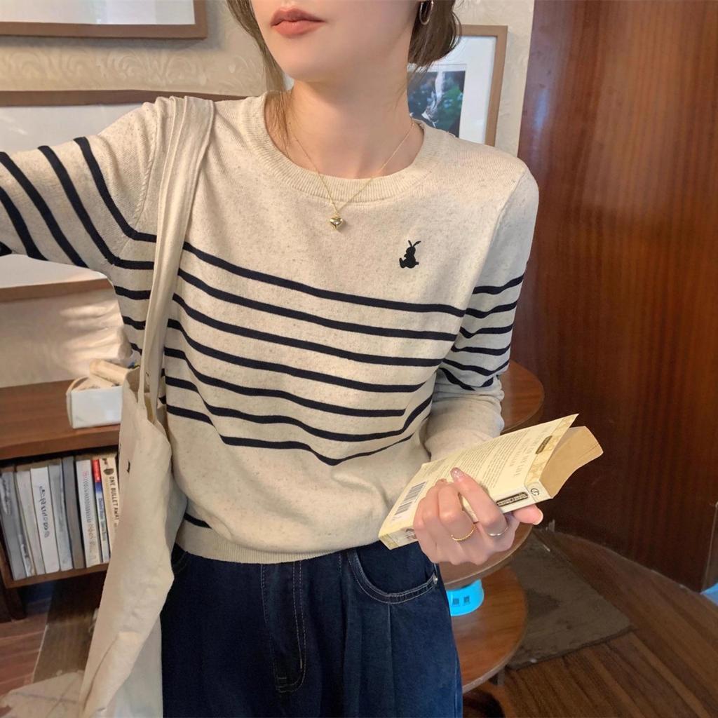 Vintage Striped Autumn Sweater - Women's Slim Fit, Long Sleeve, Round Neck with Little Pony Embroidery