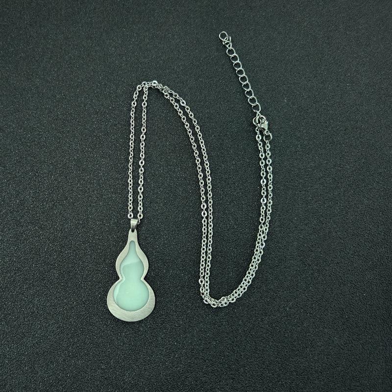 Luminous Stainless Steel Four-Leaf Clover & Glowing Gourd Pendant Necklace