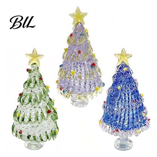Decorative Glass Sculpture Hand Blown Christmas Tree Figurine with Golen Star, Festive Desk Decoration Mini Xmas Ornament, Handmade Desktop