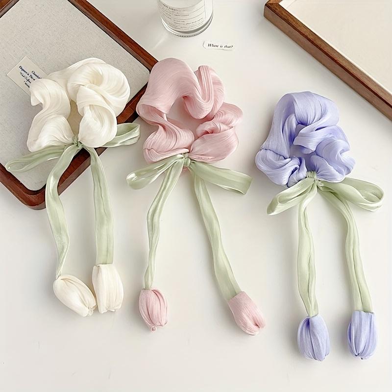 

3pcs Sweet Girl Wind Mesh Strap Tulip Large Intestine Hair Hoop Handmade Butterfly Knot Rope Tie Ponytail Knot Hair Tie One Size