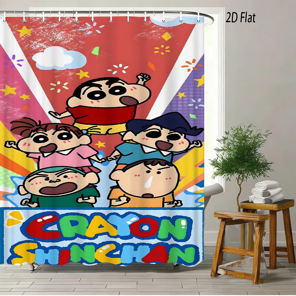Crayon Shin-Chan Ufo & Shiro 2D Print Waterproof Shower Curtain, Green Anime Bathroom Decor With Hooks