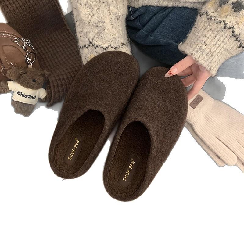 Grey Woolen Retro Inner Height Increase 4cm Boken Shoes Women's Thick-soled Small Potatoes Plush Warm Bag Head Fluffy Slippers