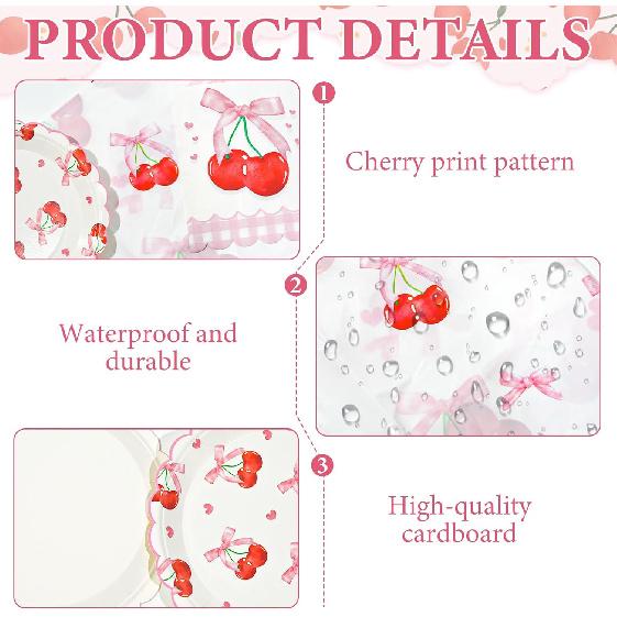 Cherry Party Decorations,Cherry Bow Birthday Banner Cherry Disposable Tablecloth Tattoo Stickers Fan-Shaped Cherry Bow Paper Plates with Napkin Sets