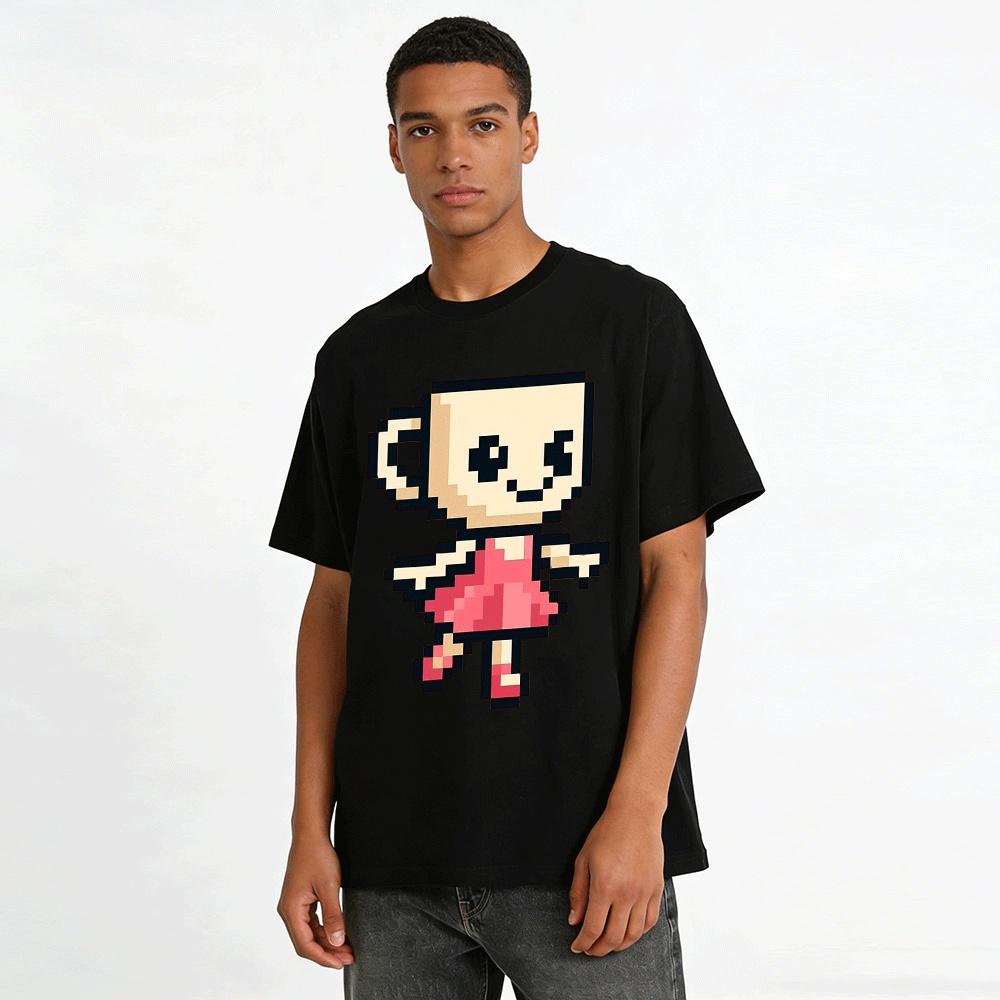 Cute Pixel Style Cup Character Print Casual Short Sleeve Top Pure Cotton T-shirt