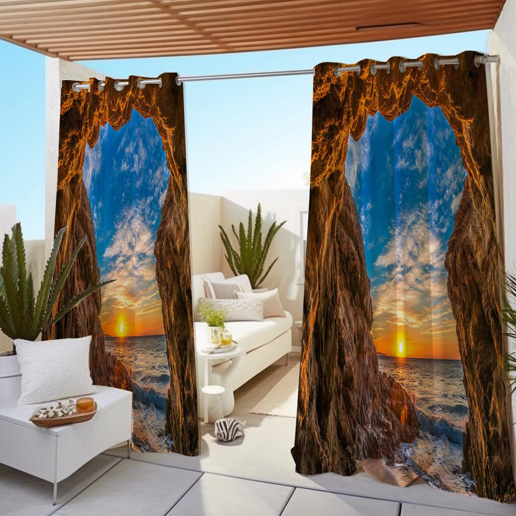 

1 шт. наружные водонепроницаемые масляные шторы, современные солнцезащитные шторы с принтом в виде естественного пейзажа, заката, пляжа, океана, для гостиной W138X214H(cm) 1PC&Grommet top