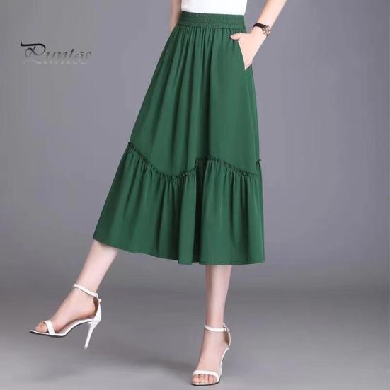 Damen Midirock, elastischer hoher Taillen-A-Linien-Langer Rock mit Taschen, einfarbig, dünner Stil, schlankmachender Designrock