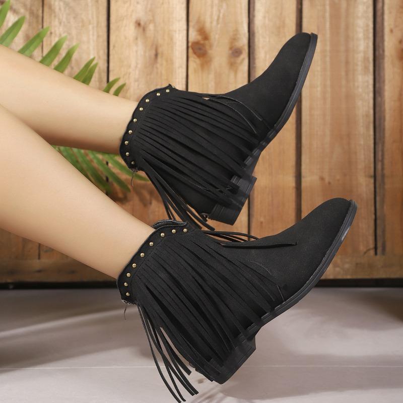 Women's New Vintage Nubuck Booties Women's Pointed Doc Martens Large Size Tassel Studded Western Cowboy Boots