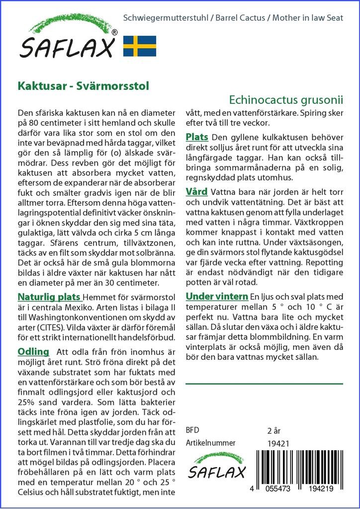 SAFLAX Garden In the Bag - Barrel Cactus / Mother In Law Seat - 40 Seeds - With Substrate In a Fitting Stand Up Bag - Echinocactus Grusonii