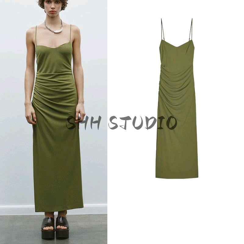 Spring New Women's Clothing French Style Casual V-neck Ruched Decorative Midi Skirt Sleeveless Sling Dress 2158262