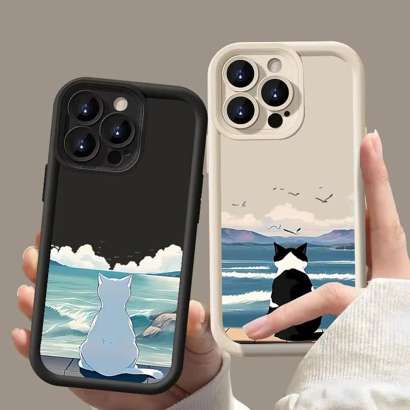 Case For Samsung Galaxy S25 Ultra S24 S23 S22 S21 S20 FE S21 Plus A55 A54 A35 A15 Cute Cat Watching The Sea Phone Cover