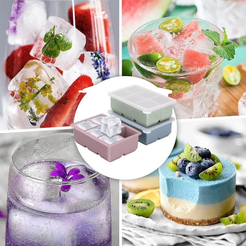 6 Cube Ice Tray Mold Giant Large Food Grade Silicone Mold with Lid Reusable Whiskey Cube Square Tray DIY Ice Maker Ice Tray