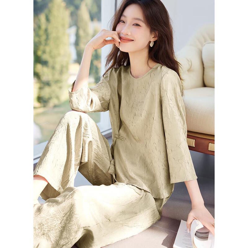 Mo Han Yi Mei Light Chinese Style Pleated Top & Wide Leg Pants Set S хаки