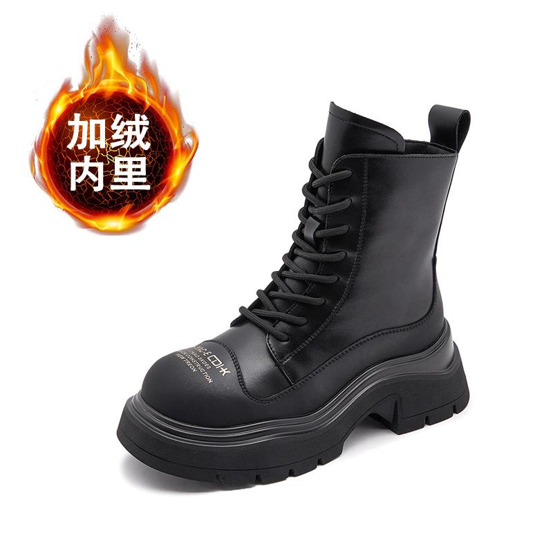 Leather Martin boots women's thick heel 2025 new autumn and winter warm thick-soled medium boots children's velvet British style short boots