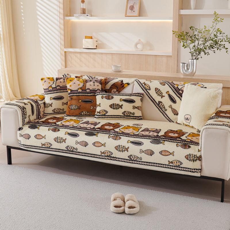 Sofa Cushion Winter Thickened Plush Seat Cushion Simple Cartoon Non-Slip Leather Sofa Cover New Cover Towel