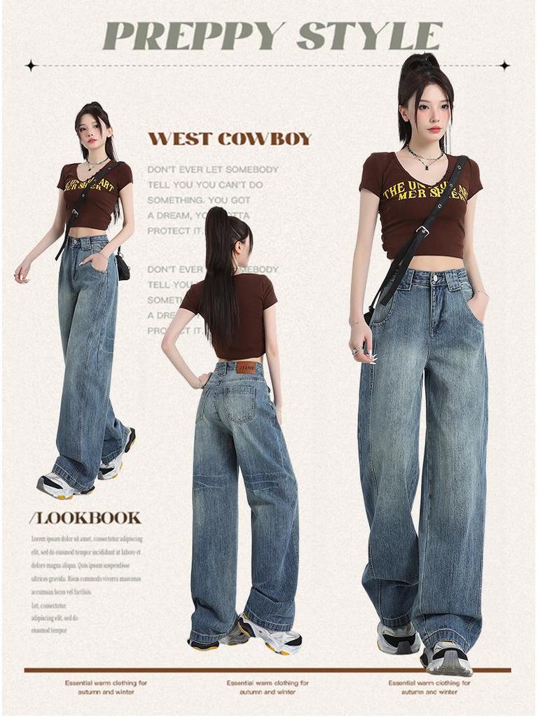 Women's Autumn Retro High-Waisted Washed Wide-Leg Jeans