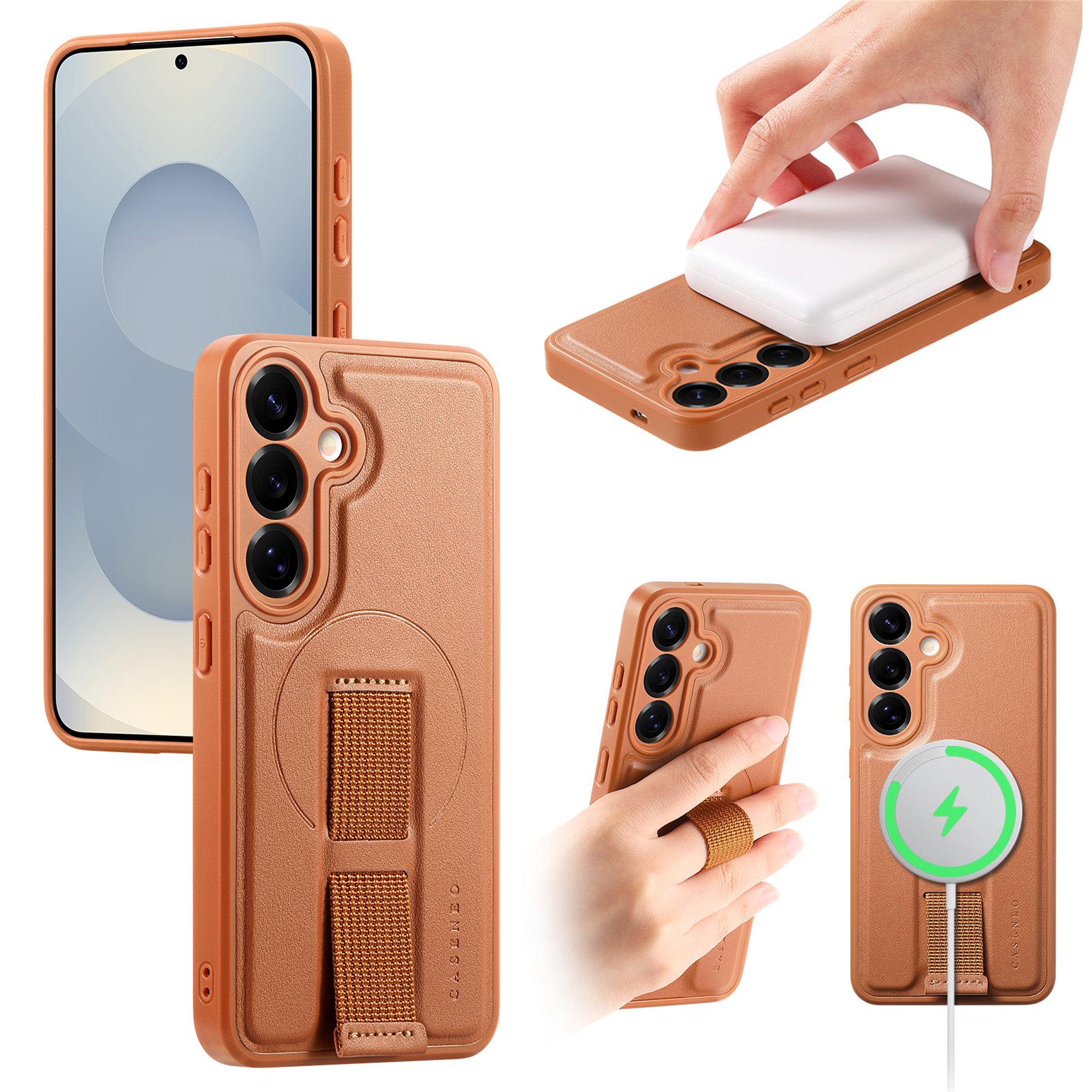 

For Samsung Galaxy S24/Galaxy S25 Magnetic Case CASENEO Wristband PU Leather+PC Shockproof Phone Cover Brown