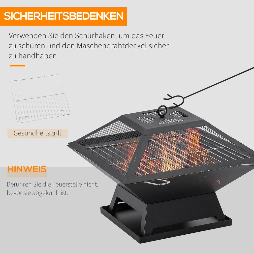 Fire Bowl 45 X 45 X 34cm Made of Stainless Steel Fire Pit with Spark Guard Poker Fire Bowls Fire Basket for Garden, Balcony, BBQ Camping Black