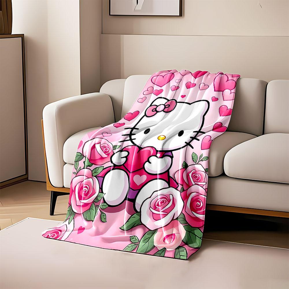 A cute cartoon cat with pink hearts and roses on a soft pink background. for all seasons blanket lunch break throw gift 80cm x 120cm