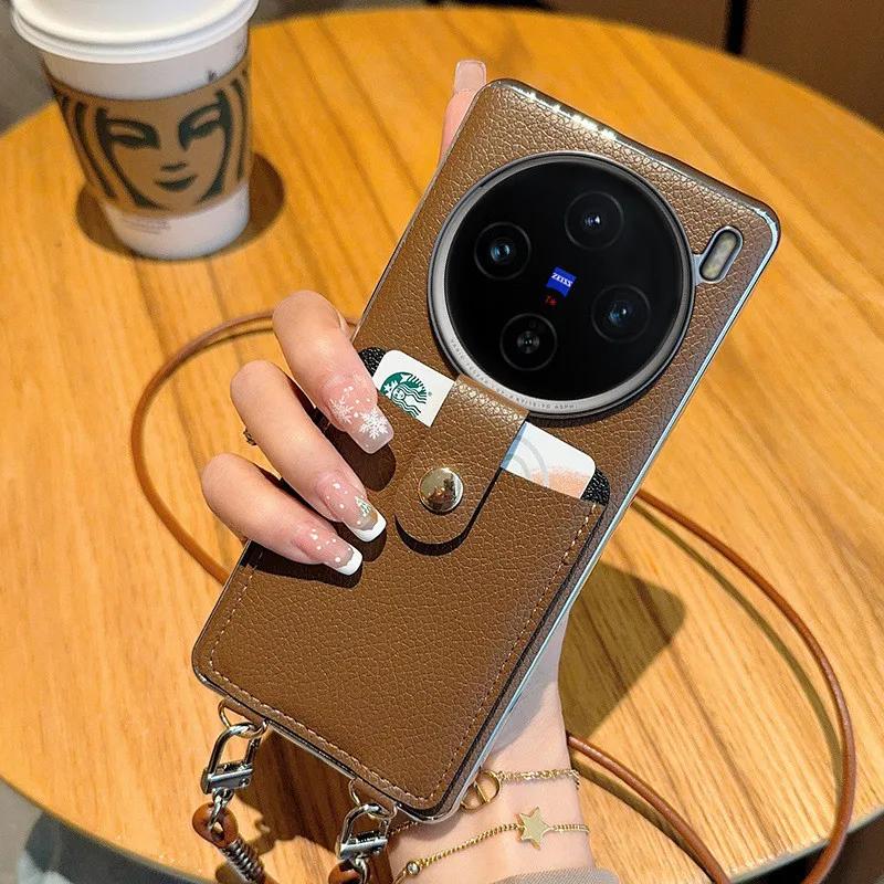 

Luxury Crossbody Long Strap Leather Case for Vivo X100s Pro X100 X200 Ultra Camera Len Plating Bumper Lychee Pattern Hard Cover VivoX100 темный кофе