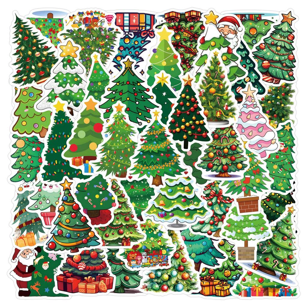 55 Sheets Waterproof Cartoon Christmas Tree Stickers for Journals, Bottles, and Computers