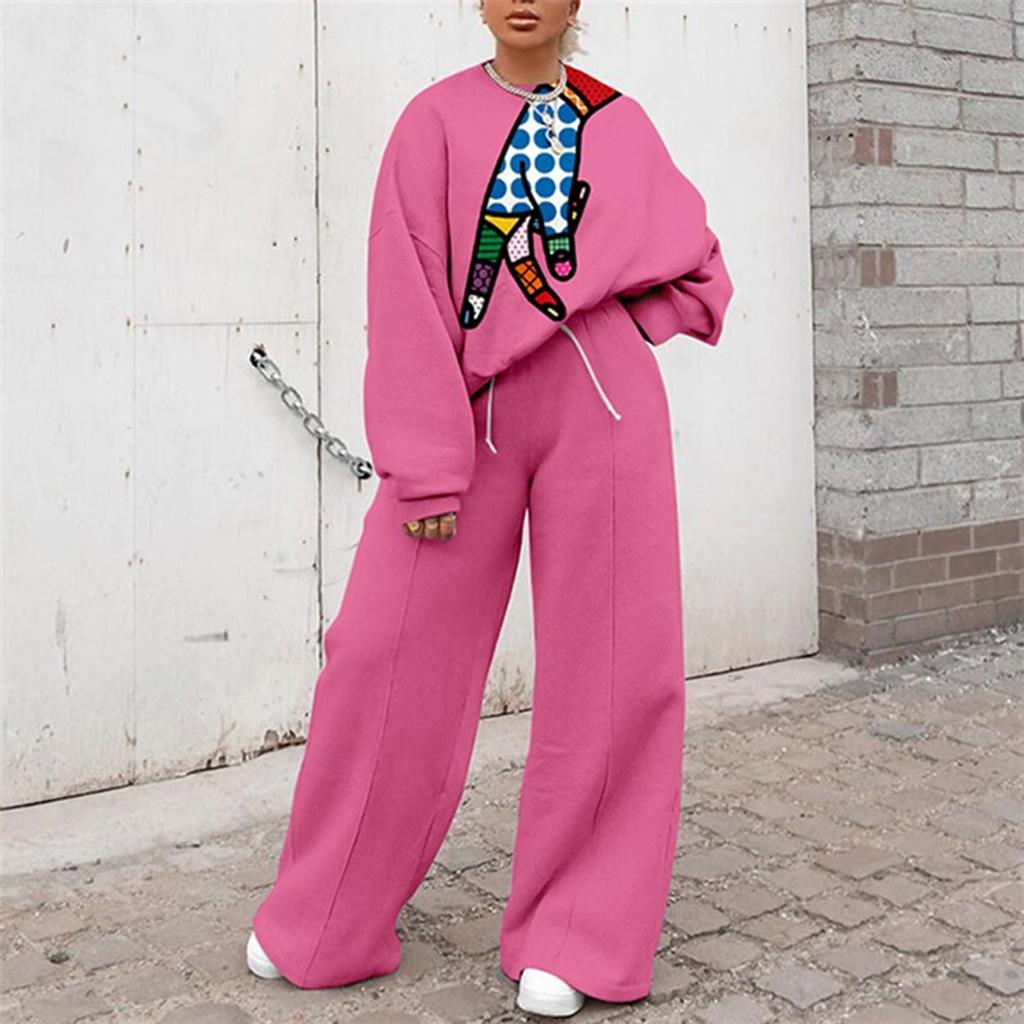 Fashion Keep Warm Winter Womens Printed Long Sleeve Tops+Long Pants 2 Piece Set