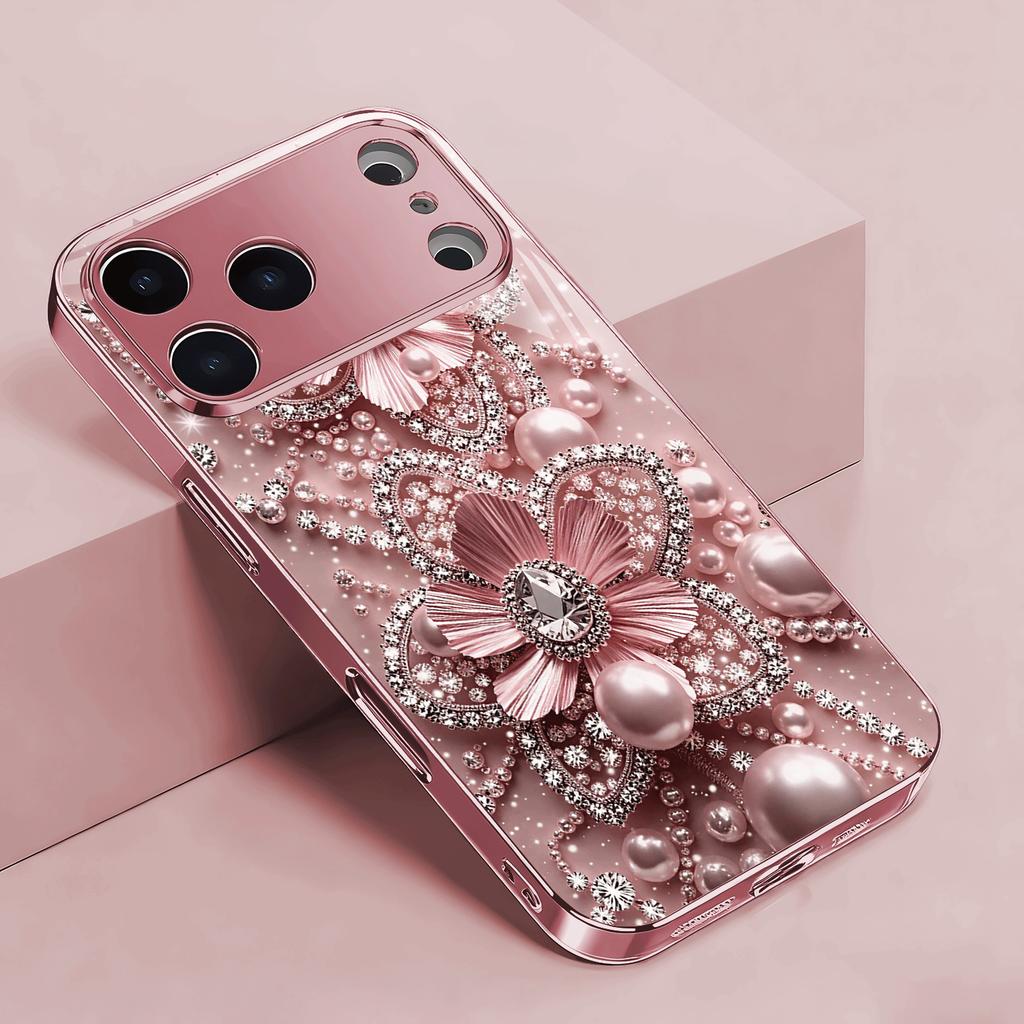 Glam Rose Gold Floral phone case for iphone 17 pro max cover Built-in glass for iPhone 17 16 15 14 13 12 pm Pro Plus