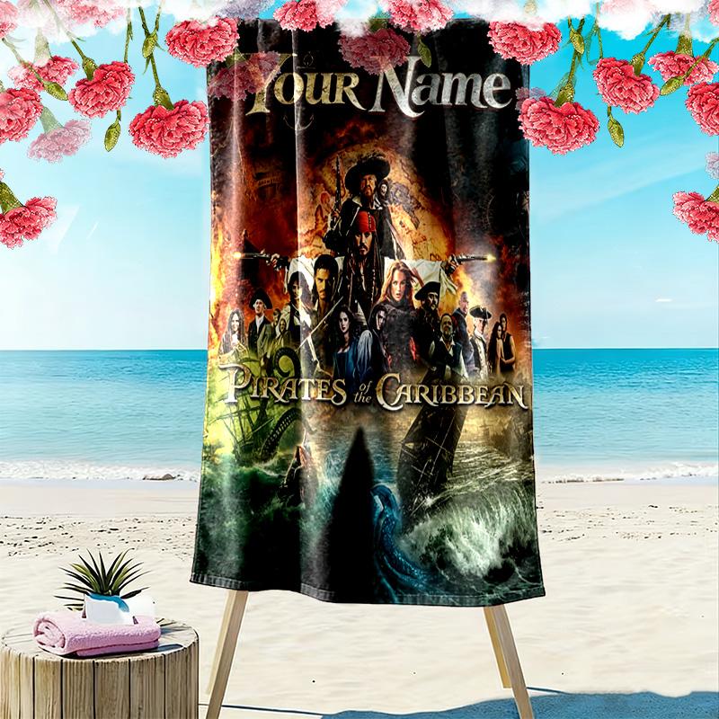 Name Custom Caribean Pirates Print Beach Towel, Large Soft Quick Dry Towel for Beach Camping Swimming