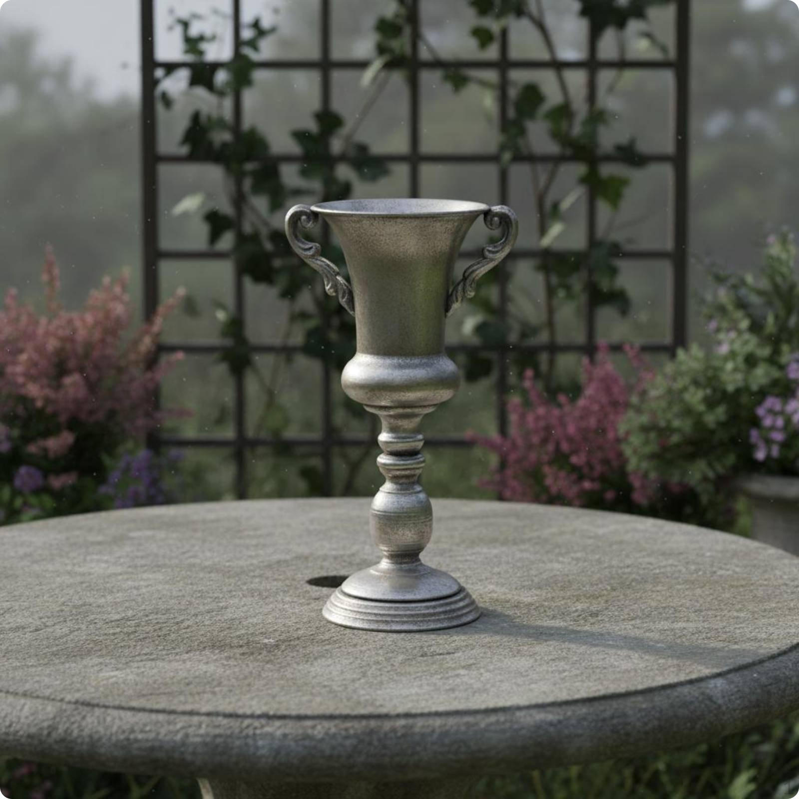 Ornate Pedestal Flower Vase Vintage Look Metal Finish for Garden, Tabletop Display A3496