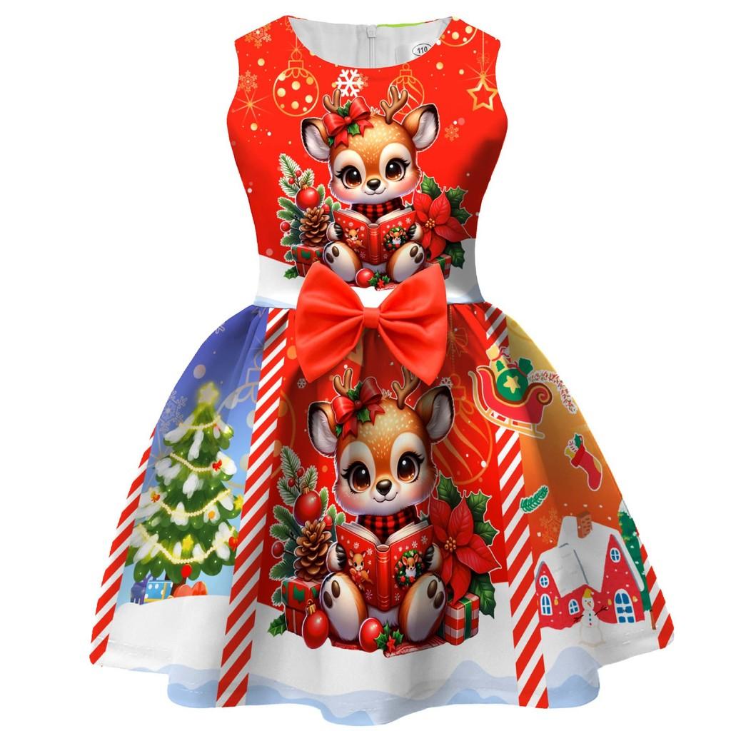 Kinder Mädchen Cartoon Weihnachtsmann Weihnachtsbaum Elch Print Schleife Ärmellos Freizeitkleid