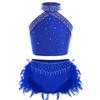 Girls Dance Performance Outfit Halter Neck Sleeveless Backless Vest with Sparkly Rhinestones Feather Briefs